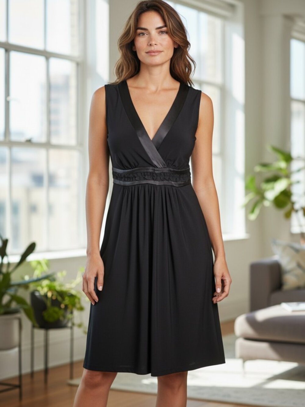 Daisy Fuentes Sleeveless Surplice V-Neck Dress Satin Ruffle Trim Sz S Black 33S
